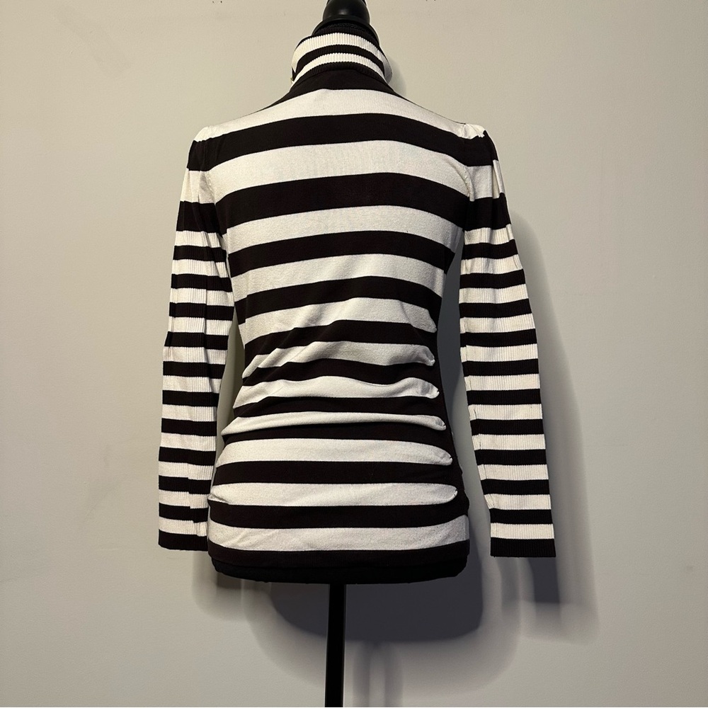 Cache Chocolate Brown & Ivory Striped Turtleneck Sweater Gold Buttons Size M - Picture 7 of 15